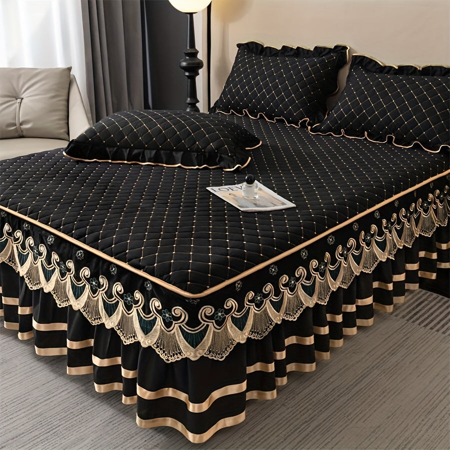 Vintage Style Black Bed Skirt and Pillowcases Set - 3 Piece with Embroidered Lace Trim, Thickened Quilted Bedding, Machine Washable, All-Season Comfort for Home and Hotel Use