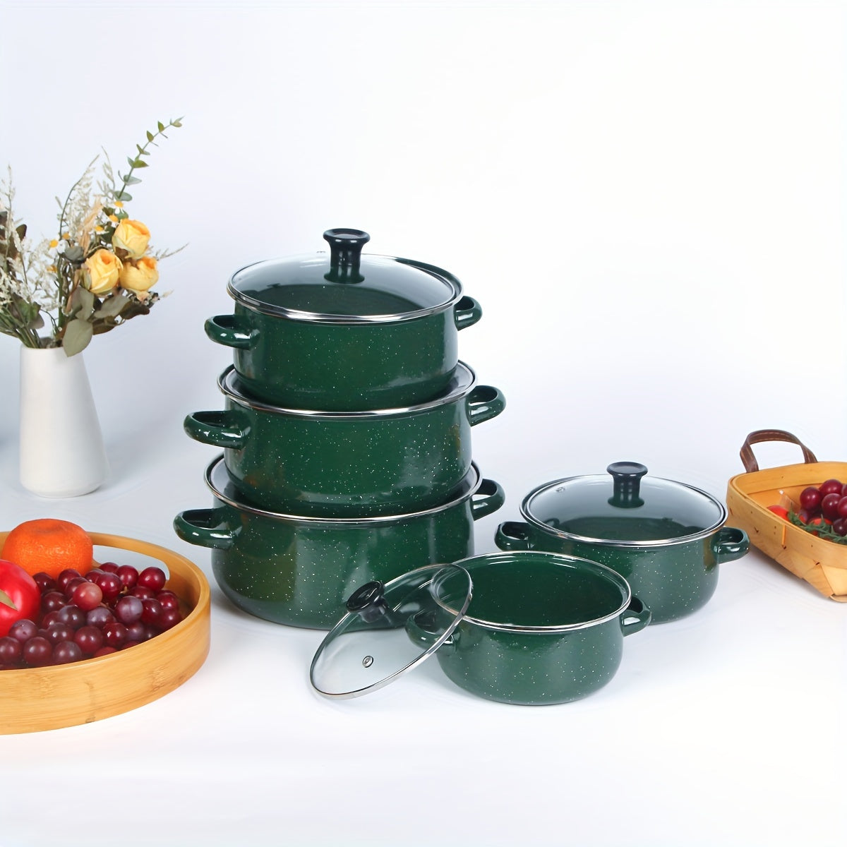 Green Enamel Cookware Set: Includes 3 pieces with the option to upgrade to 5 pieces. Versatile kitchen pots and pans that cater to all cooking needs. Compatible with gas, electric, and induction stoves.