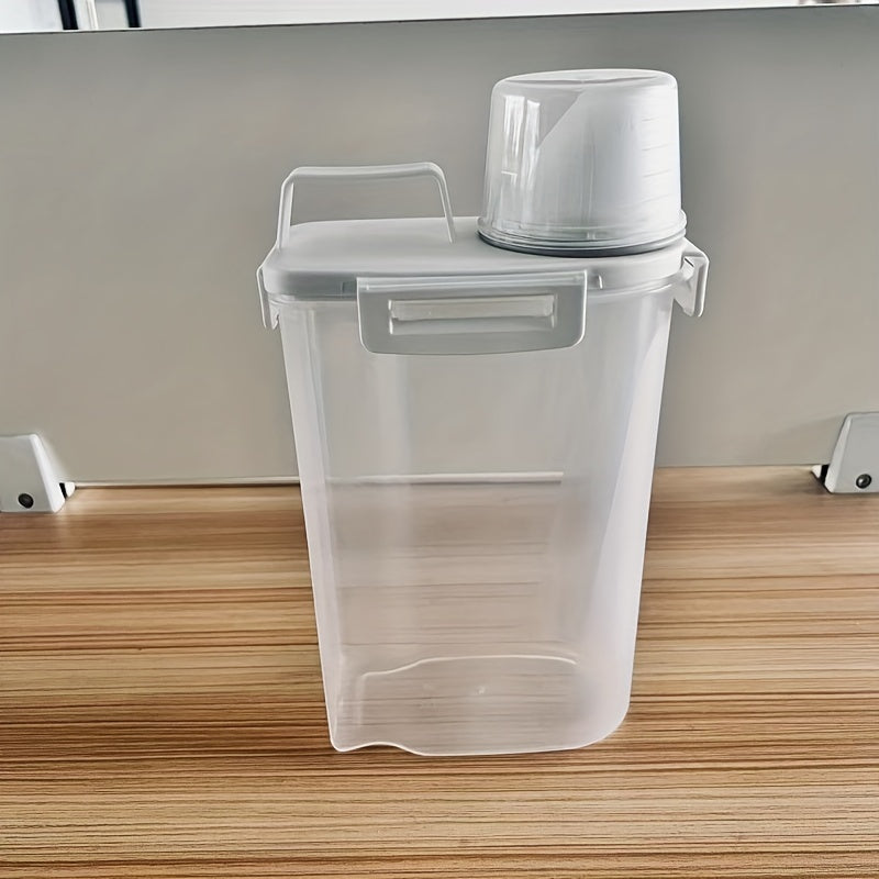 Rice Dispenser with Spout - Food-Grade Cereal Storage Container featuring Dual Seal Rings for Leak-Proof and Dustproof Storage. Equipped with a Portable Handle and Transparent Design with Measurement Scale for easy portion control. Freezer Safe Plastic