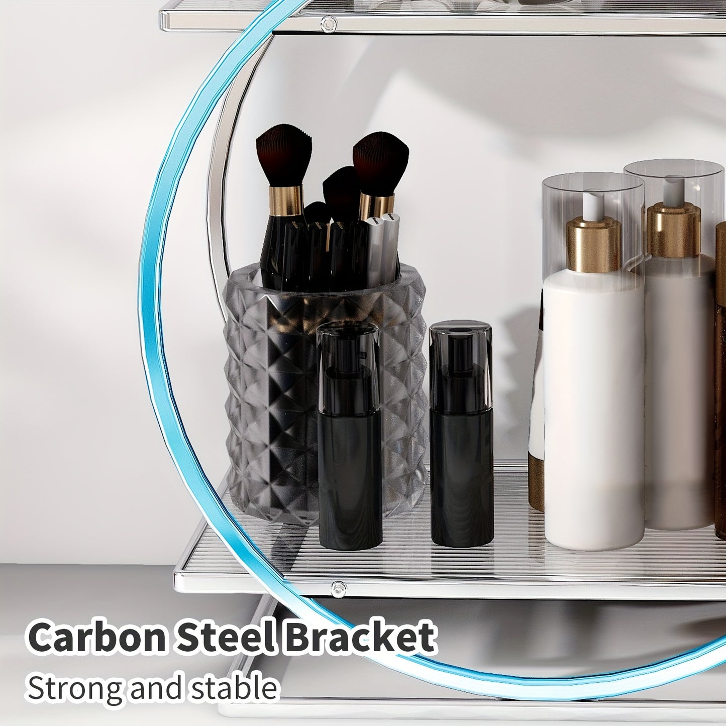 Golden cosmetics storage rack with 2 tiers made of rust-proof cast iron. Large capacity for skincare, lipstick, perfume, and more. Circular design for bathroom and makeup area.