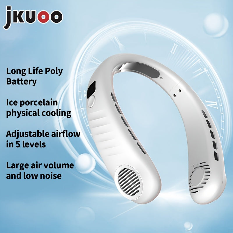 Introducing the 1pc JKUOO Portable Neck Fan with Digital Display. This USB Rechargeable Mini Personal Wearable Fan features 5-Speed settings, ensuring a quiet operation. Made of durable plastic material with a convenient cord, this fan is perfect for