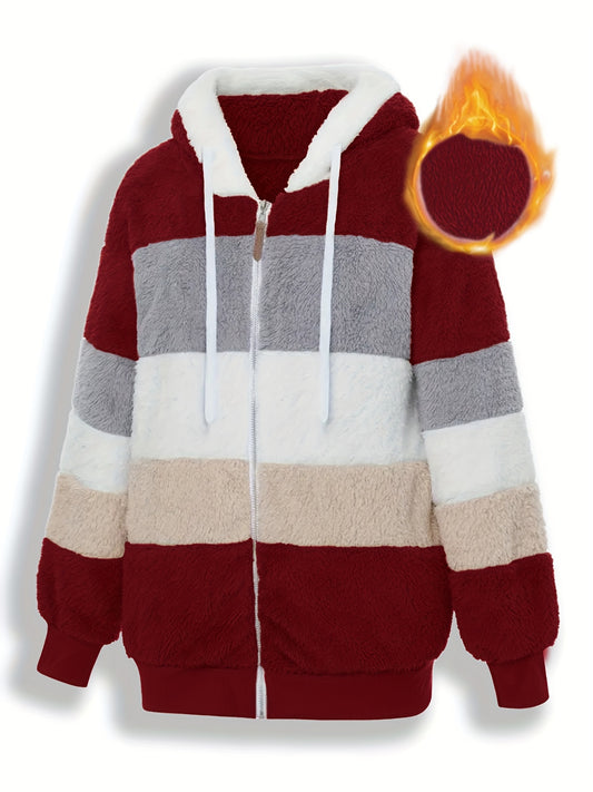 Women's plus size striped fuzzy hooded coat for fall & winter, casual & warm with zipper.