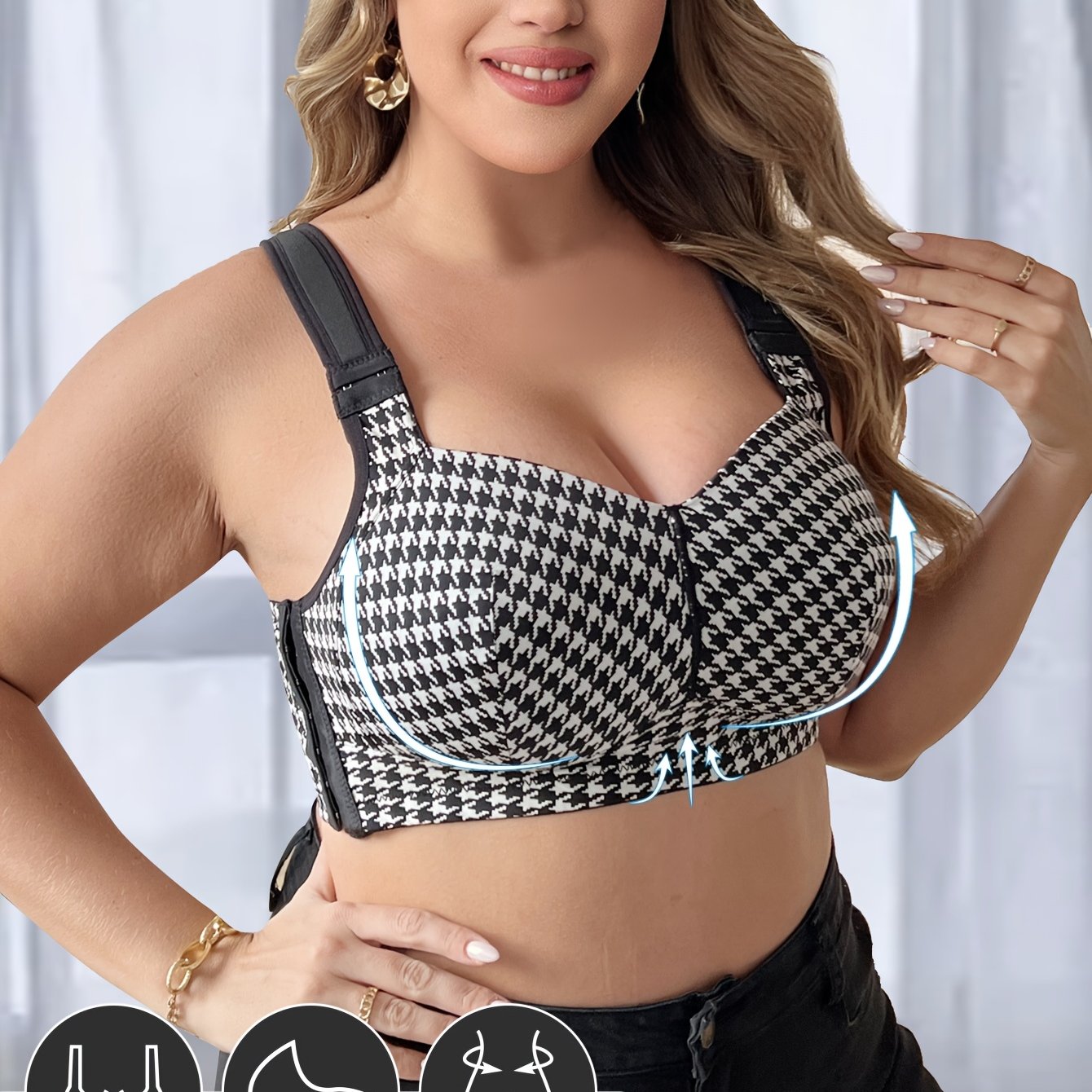 Houndstooth bralette for plus size with elegant fabric, wireless, no padding, medium stretch, and applique detail in a one-piece style.