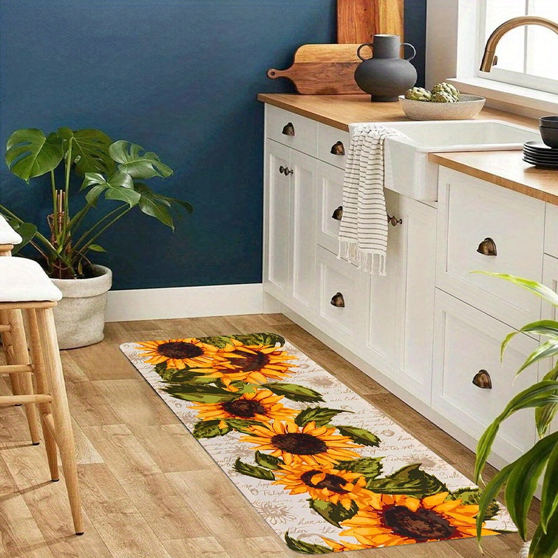 One piece Sunflower Print Kitchen Floor Rug designed to resist dirt and water, machine washable for easy cleaning. Can be used as an Entrance Doormat, Kitchen and Living Room Carpet, or Laundry and Bathroom Water-absorbing Floor Carpet.