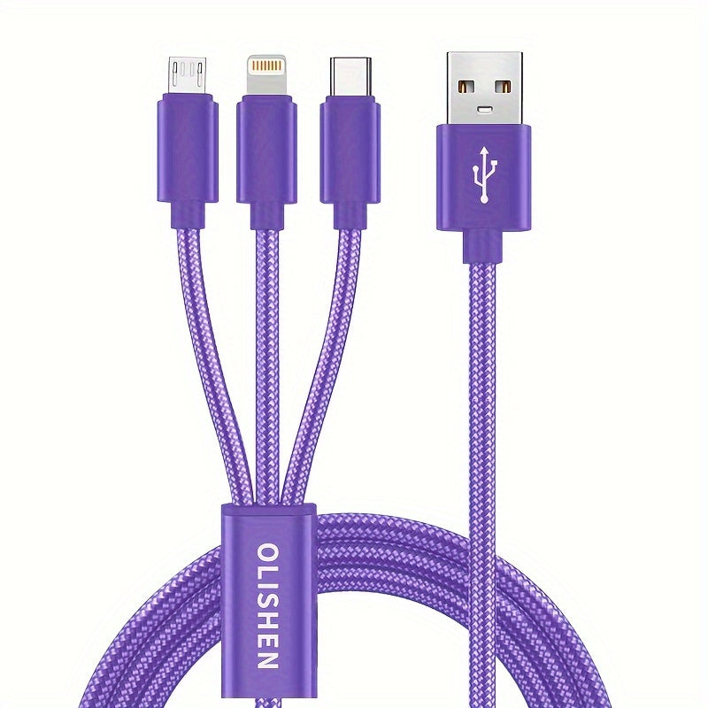 OLISHEN 3-in-1 Nylon Braided USB Charging Cable with multiple lengths (100.58cm/201.17cm/3.02meter) and fast charging capabilities for iPhone, Samsung, Xiaomi, and other devices. Can be