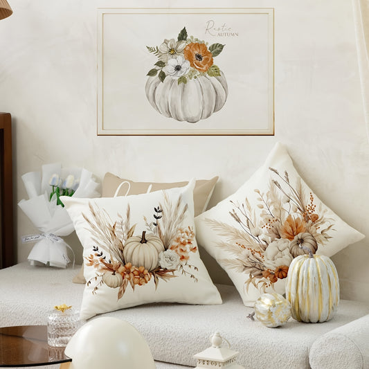 Set of 4 linen blend throw pillow covers with autumn watercolor pumpkin wheat print. Machine washable with zipper closure. Ideal for farmhouse decor, fits 45.72x45.72 cm cushions.