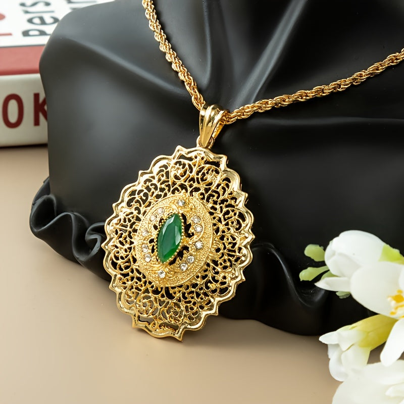 Bridal Jewelry Inspired by Moroccan Design- 18K Gold Plated Pendant Necklace with Vintage Style Hollow Pattern and Oval Synthetic Gemstones, 60cm Twisted Chain Perfect for Party, Wedding, Valentine's Day and Spring Season Events- Zinc Alloy Necklace.