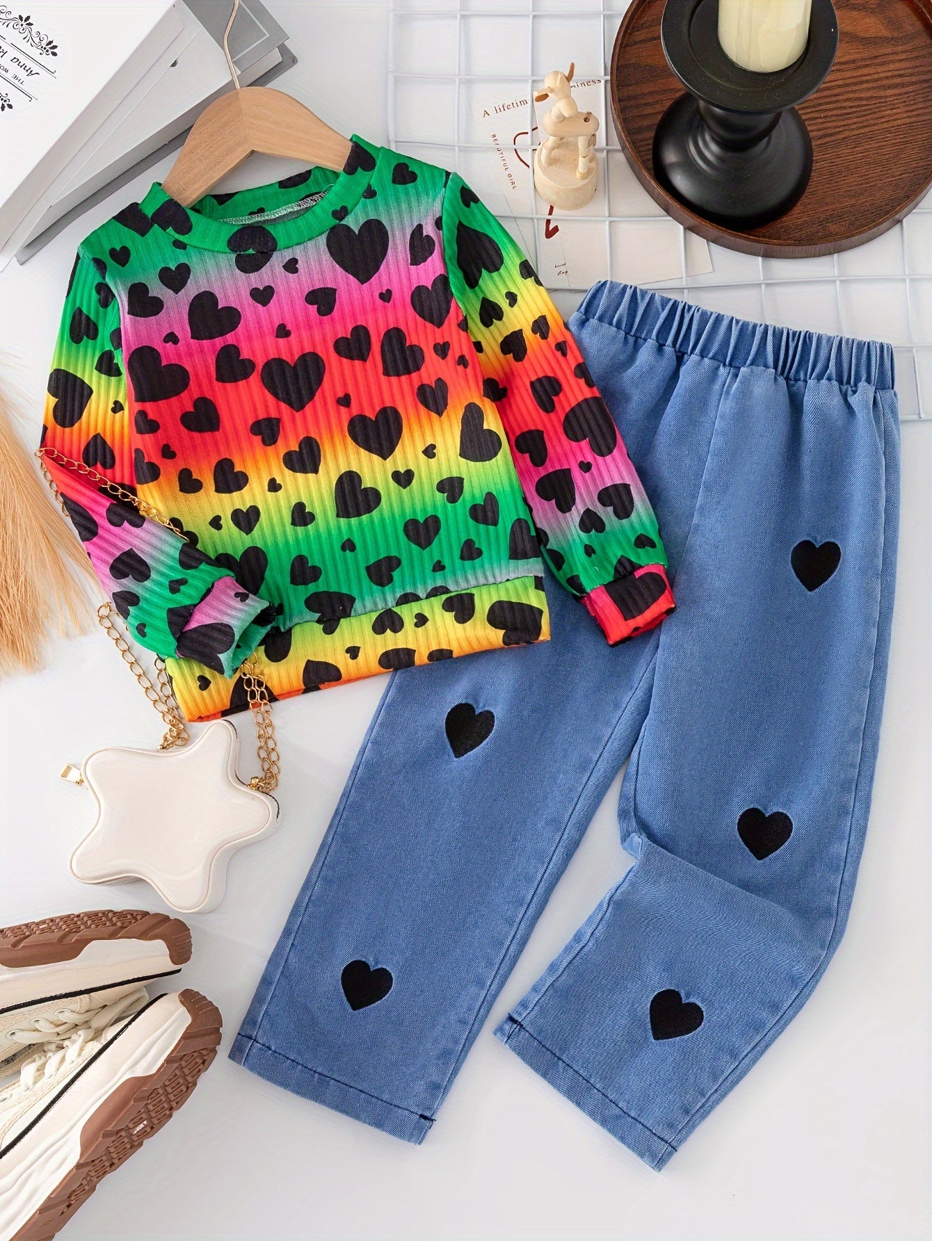 Cute set for girls, includes heart print top and denim pants, machine washable, ideal for outdoor wear.