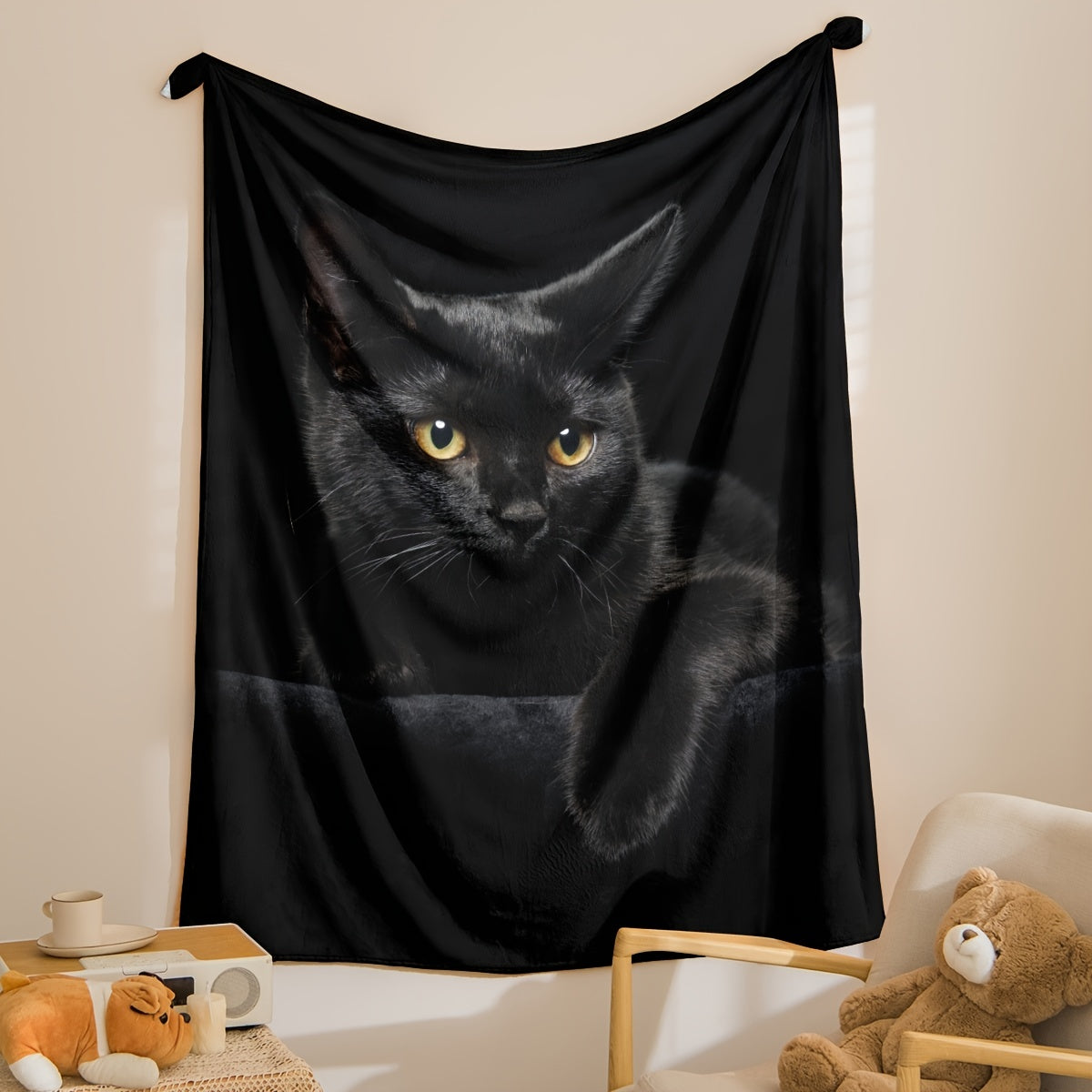 Stay cozy year-round with our stylish 1pc Black Cat Printing Flannel Blanket. Made from lightweight, soft material, this comfortable throw blanket is perfect for adults and suitable for bed, couch, camping, and travel. Ideal for staying warm in all