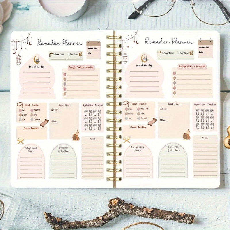 Ramadan planner notebook with crescent design, to-do list, and priorities, available in various sizes and quantities.