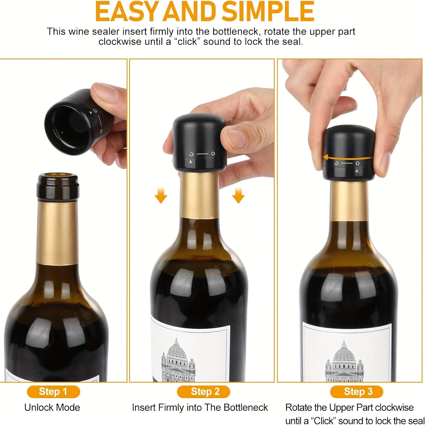 4 reusable, leakproof wine and champagne bottle stoppers in black for bars, restaurants, and hotels.