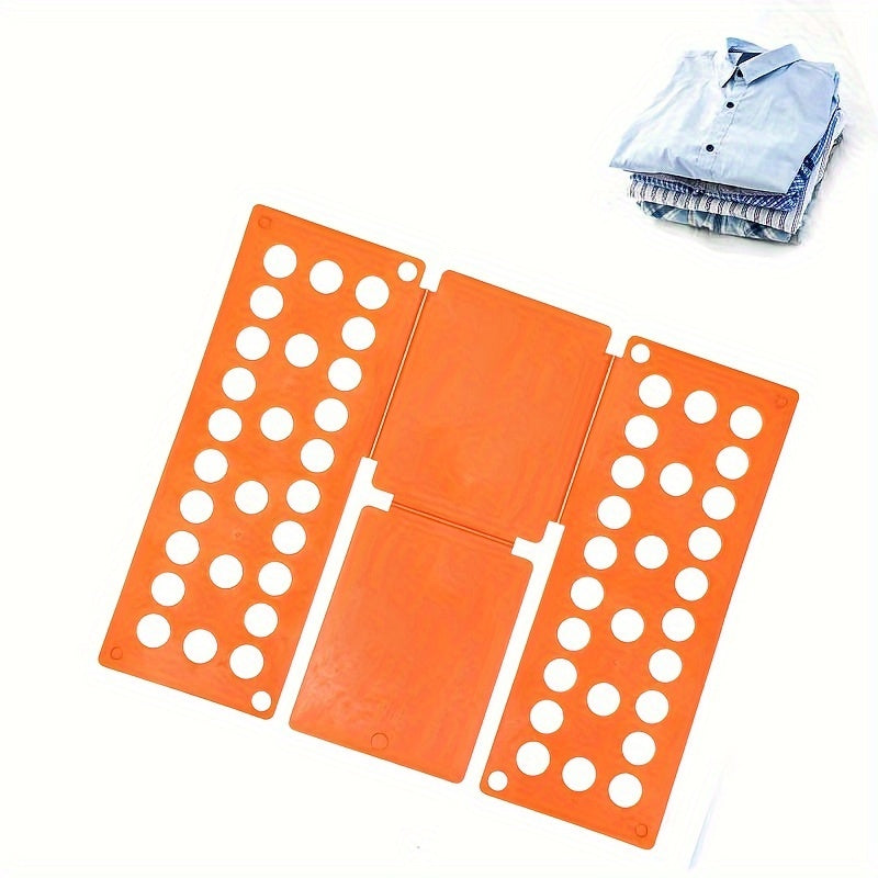 The Easy-Fold Shirt Organizer Board is a versatile clothing folding tool that can be used for T-shirts, pants, dresses, and towels. This space-saving laundry solution comes in a vibrant orange color.