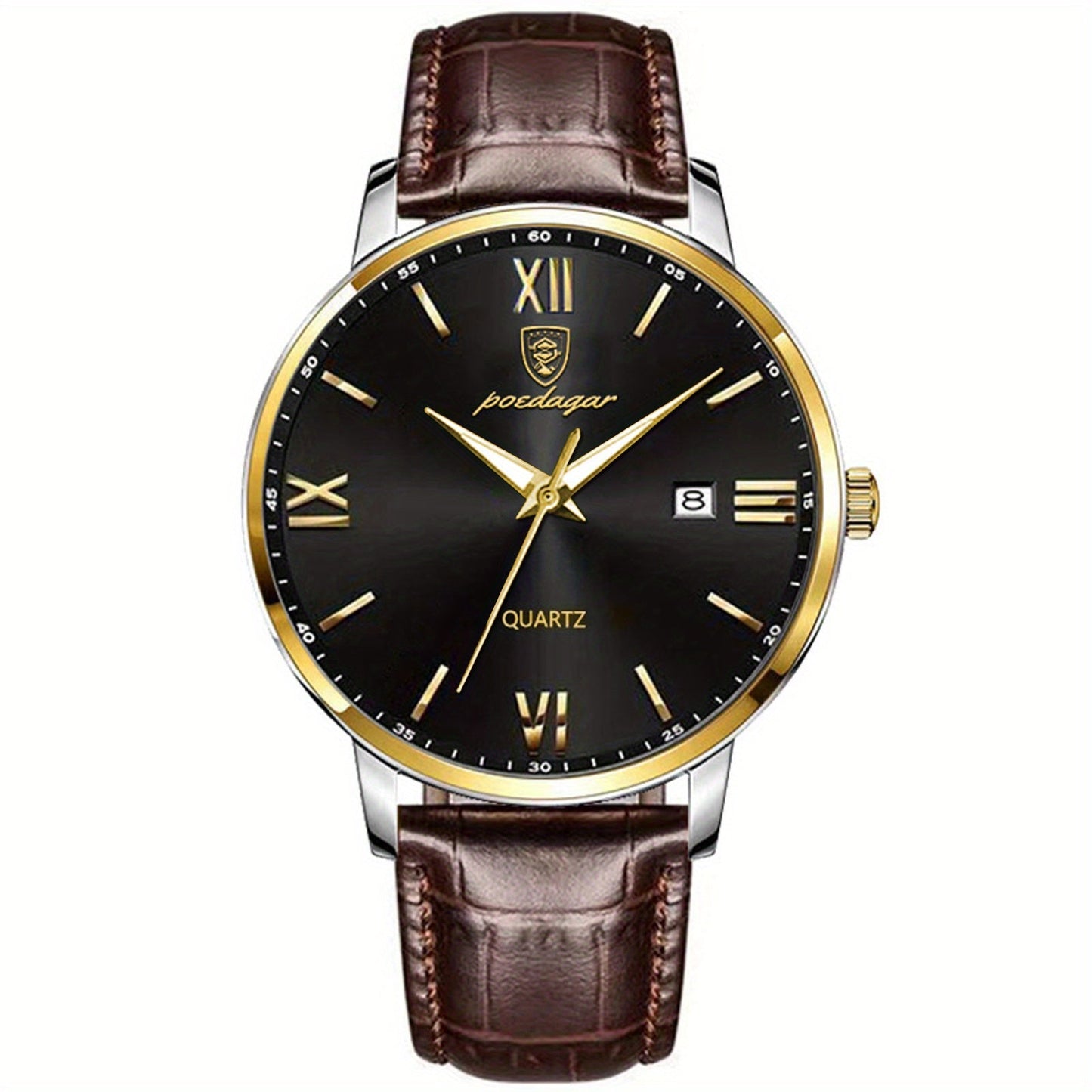 Casual Trendy Quartz Watch for Men with Luminous Calendar and PU Leather Band by POEDAGAR