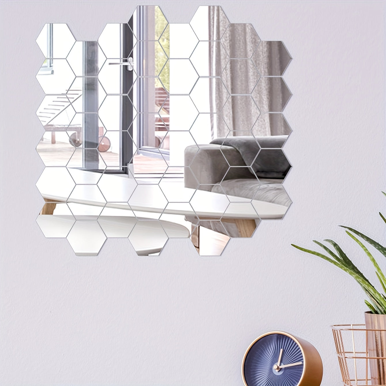 50 hexagonal mirror wall stickers for bathrooms, bedrooms, dorms, offices, and gyms.