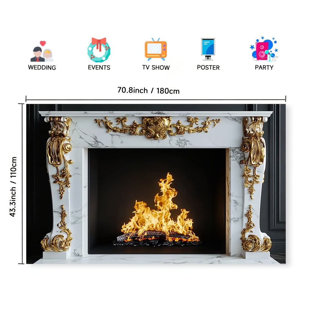 Classy White Marble Fireplace with Beautiful Golden Baroque Details - Perfect Polyester Background for Photoshoots, Events & Seasonal Decor