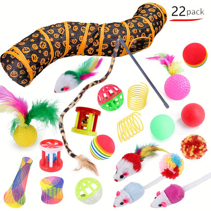 22-piece cat toy set with tunnel, crinkle balls, feathers, and playballs for interactive play, perfect for indoor cats.