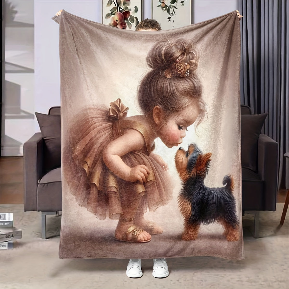 Soft and Warm Flannel Throw Blanket featuring Adorable Girl & Puppy Design - Cozy, Versatile, and Ideal for Couch, Bed, Office, or Travel - Great Gift for Every Season