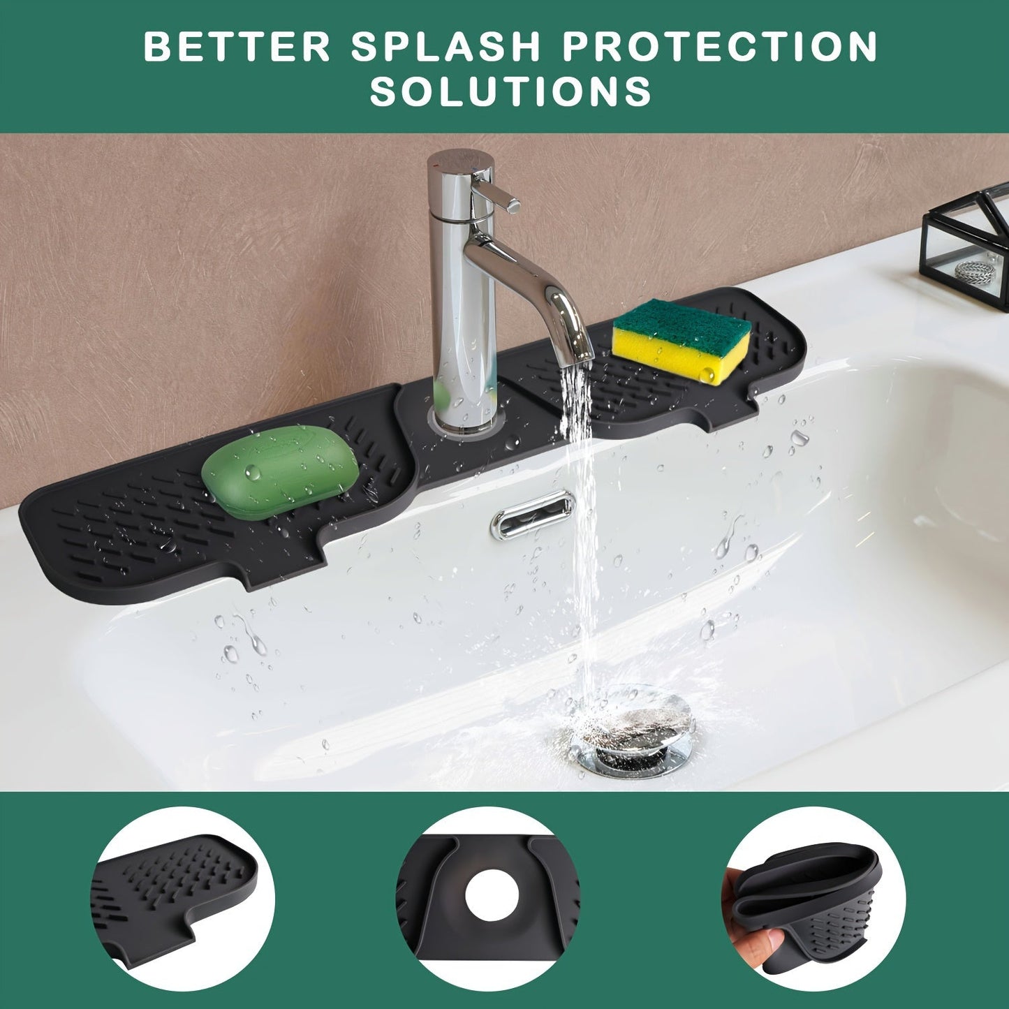 Silicone sink accessories including a splash pad, faucet pad, drain pad, and handle drip tray, ideal for kitchen and bathroom use