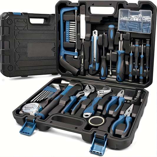 148 piece home tool kit with portable case, ratcheting screwdriver, hex key, pliers, wrench, tester - perfect gift for DIY enthusiasts.