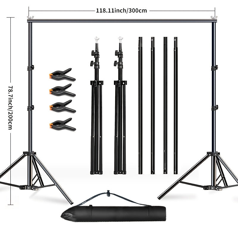 Iron Photography Backdrop Stand System, adjustable height, portable with carrying bag for various events.