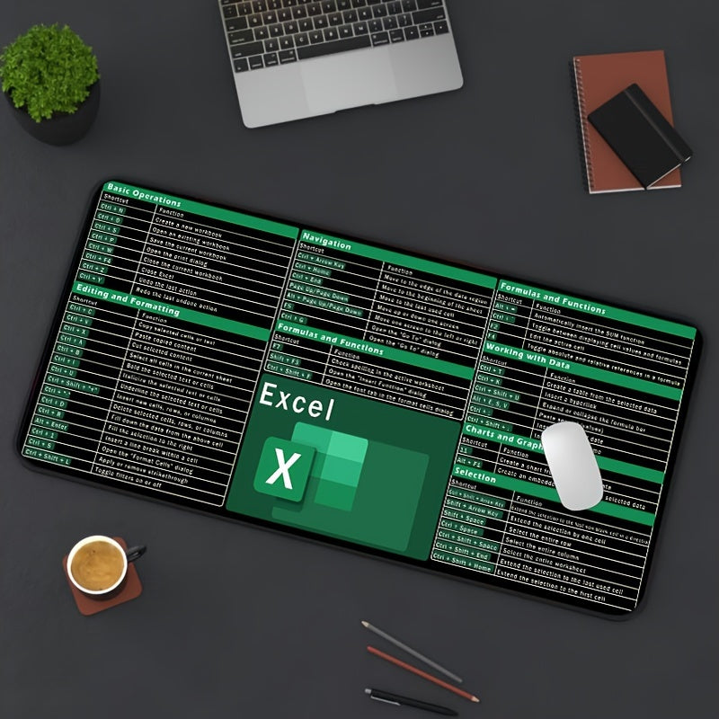 Excel Keyboard Shortcuts Mouse Pad with Large Rubber Base, Water-Resistant Fabric Surface for Gaming and Office Precision Control.