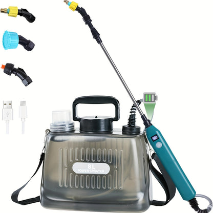 1 electric garden sprayer with telescopic wand, battery level indicator, rechargeable lithium battery, 3 nozzle options, USB charged for lawn care.