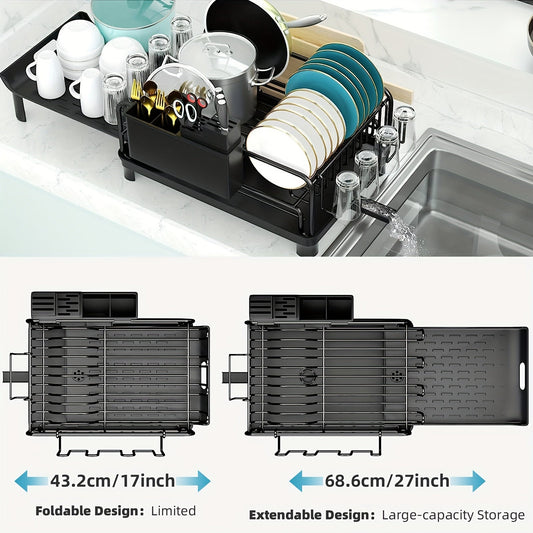 Large Extendable Dish Rack with Multi-functional Features for Kitchen Counters, Rust-Resistant Design, Includes Cutlery and Cup Holders for Easy Drying