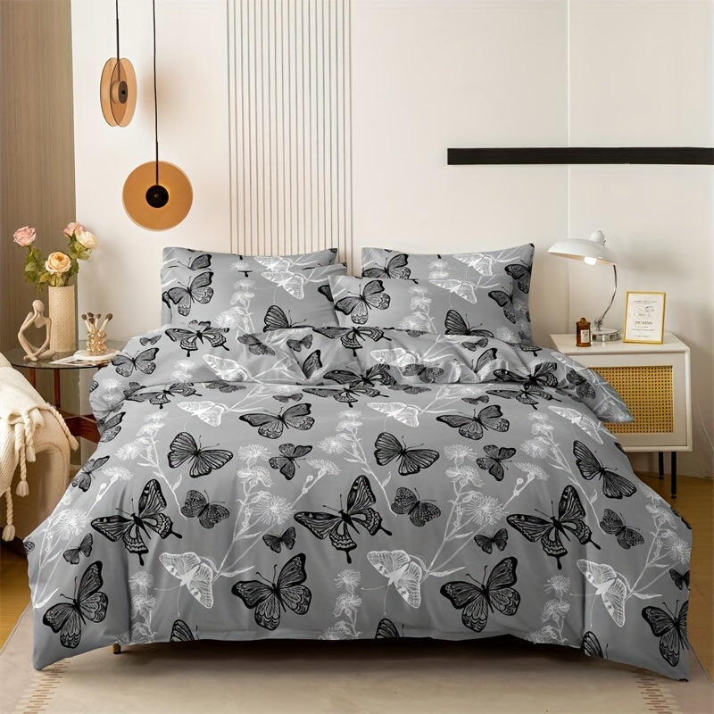 3pcs Butterfly Print Duvet Cover Set made of soft, breathable 100% polyester. Machine washable, all-season comfort. Perfect for animal theme bedroom decor. Duvet insert not included.