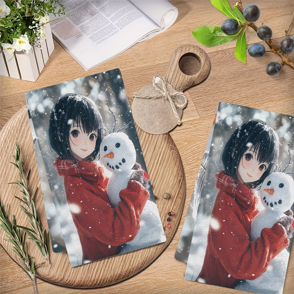 2 pieces of Kitchen Towels with ultra soft, highly absorbent material. Featuring a charming anime girl with short black hair and a red sweater making a snowman in the winter. Perfect for holiday decor, machine washable, and measures 16x24 inches. Item