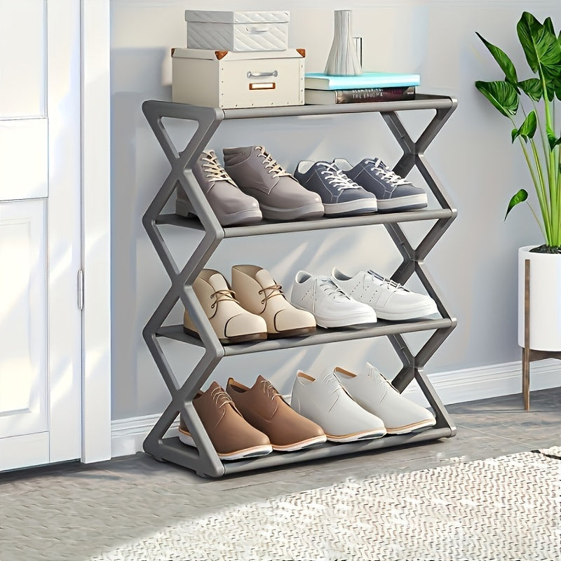 Modern shoe organizer rack with four tiers, made of black plastic and stainless steel. Can be easily assembled without the need for drilling, and conveniently mounted on the floor. Provides space-efficient storage for both the living room and bedroom.