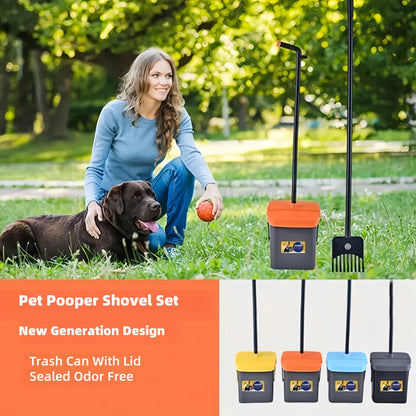 The 5spc Pet Poop Scoop Set comes with a rake and rotating trash can, perfect for small and medium dogs. This heavy-duty scoop easily cleans grass, dirt, and gravel in your outdoor yard. Optional aromatherapy trash bags and dispenser are also available