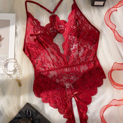 Sexy lingerie set featuring a floral lace teddy with scallop trim and a mesh bodysuit with heart ring detail and backless design.