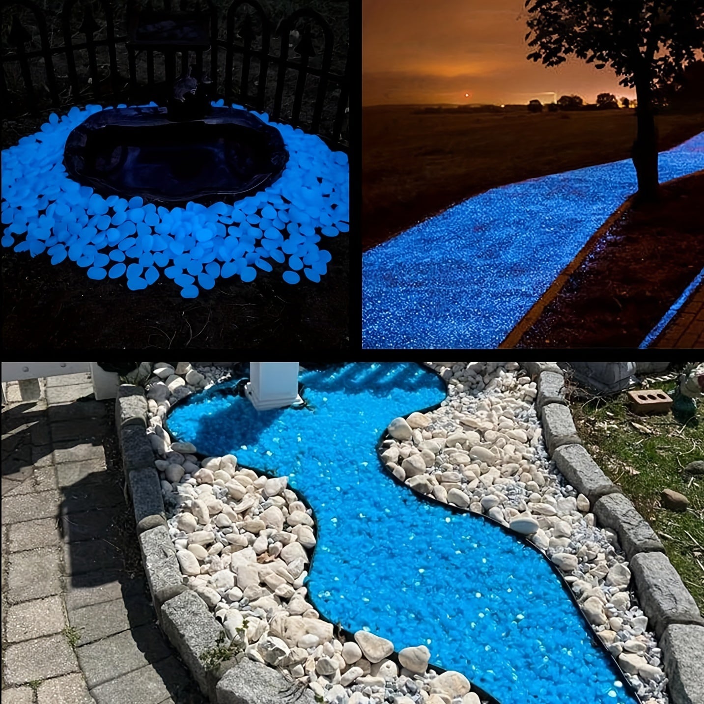 500 blue glow-in-the-dark pebbles for garden, walkway, pathway, yard decor. Magical nighttime illumination for outdoor spaces, aquariums, and landscaping. Creates enchanting atmosphere.