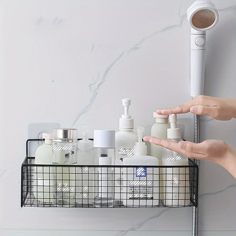 Simple-install shower caddy with cast iron mesh drain rack for bathroom organization and wall-mounted hanging shelf.