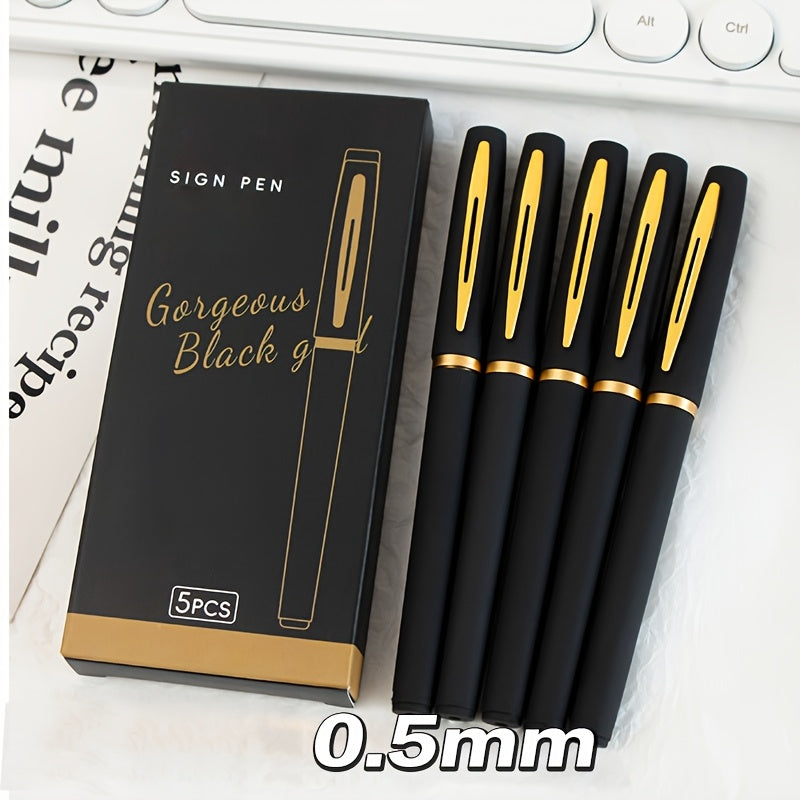 5 sleek black and golden gel pens: 0.5mm/0.7mm/1.0mm, large capacity, great for office.