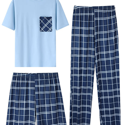 3-piece Plaid Pajama Set, short sleeve crew neck top with pocket, 100% knit polyester, all-season comfort, regular fit bottoms, medium stretch, no belt, 180gsm.