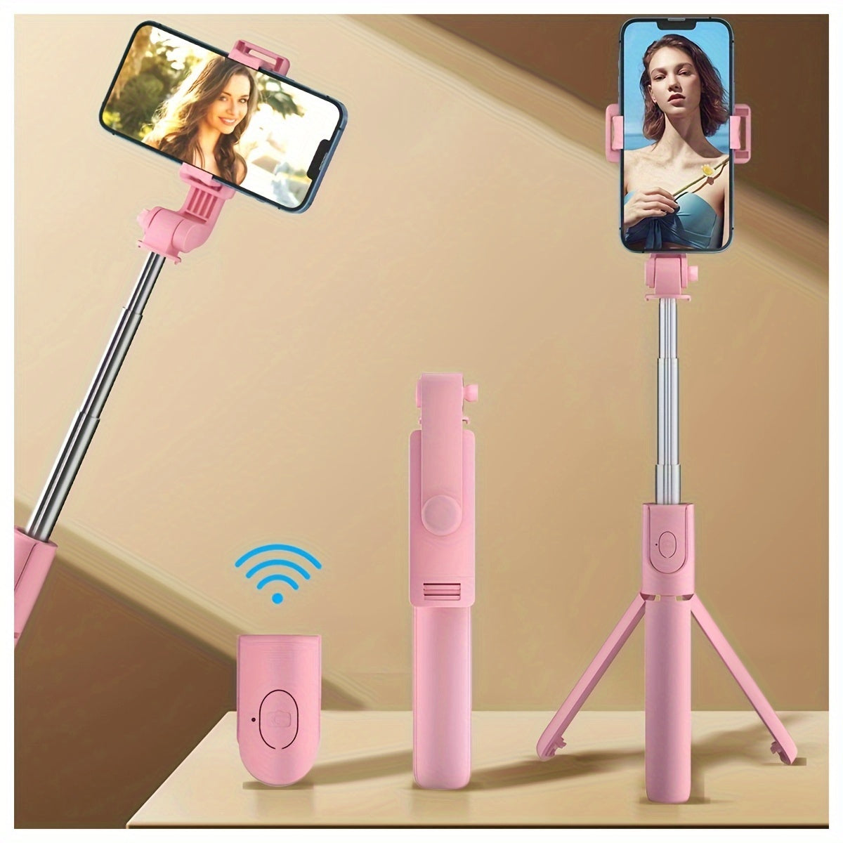 Multi-purpose wireless selfie stick with tripod, remote control, phone holder, and live streaming capabilities, perfect for travel and taking photos.