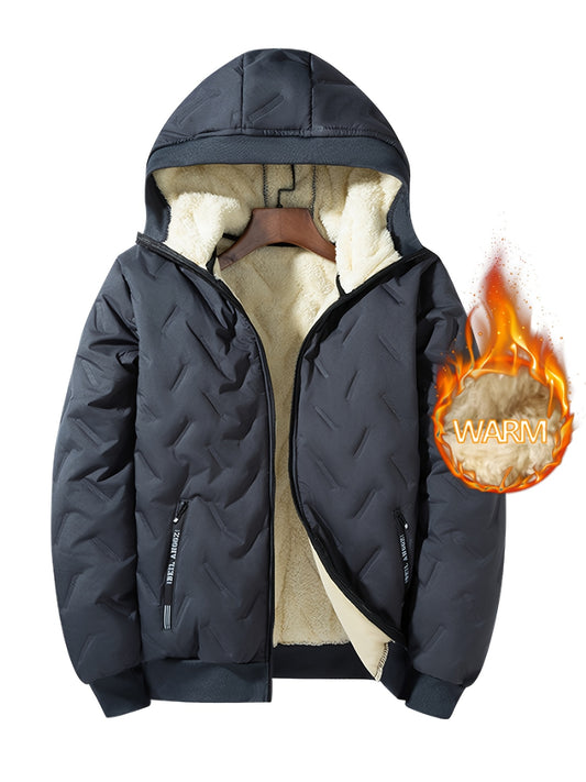 Plush Perfection: Men's fleece-lined hooded jacket for casual, warm, and stylish fall/winter wear; machine washable.