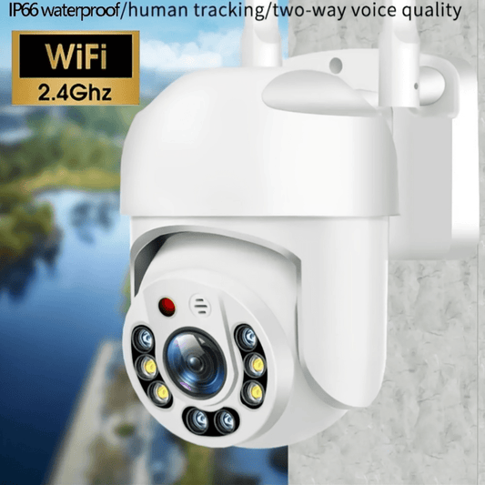 Outdoor WiFi security camera with 1 piece, featuring waterproof design and automatic orientation rotation for tracking. Equipped with audio CCTV surveillance and 360-degree IP camera for day and night full color footage. Includes humanoid motion