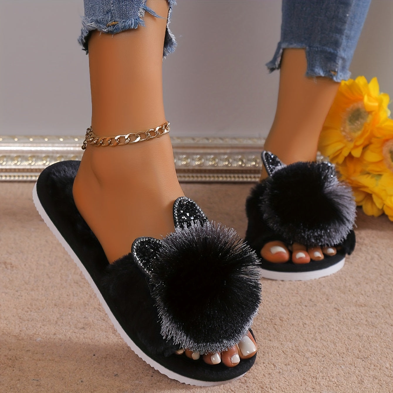 Adorable gray bow slippers with fluffy black accents, EVA sole, all-season comfort, and machine washable