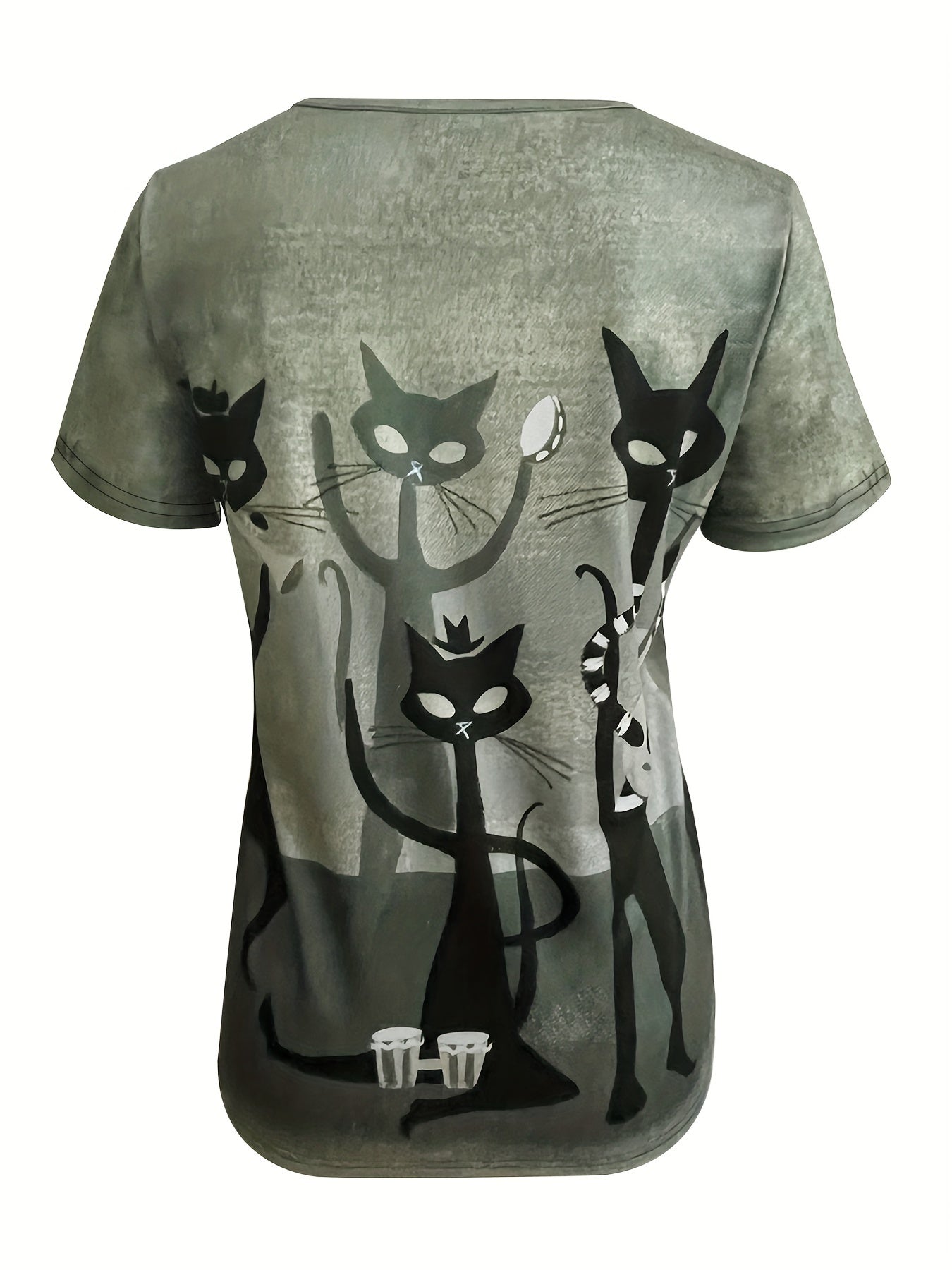 Women's casual cat print t-shirt for spring and summer.