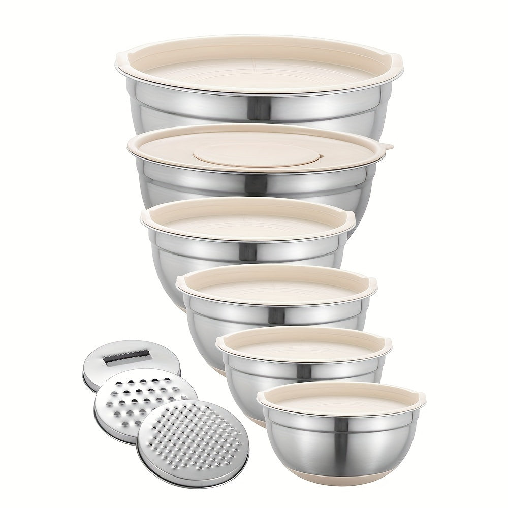 6-piece Stainless Steel Mixing Bowl Set with airtight lids, 3 grater attachments, non-slip base, and multipurpose kitchen essentials for mixing, serving, and baking.