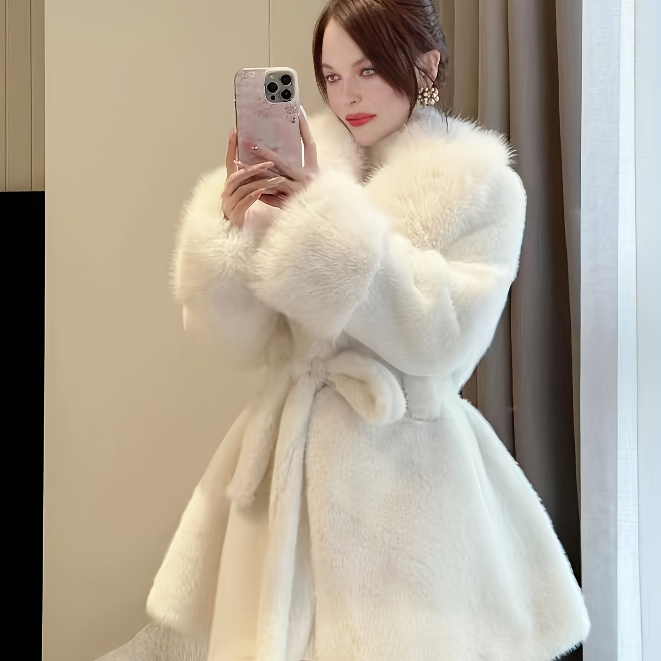 Stylish women's faux fur hooded coat with belt, long sleeves, and mid-length.