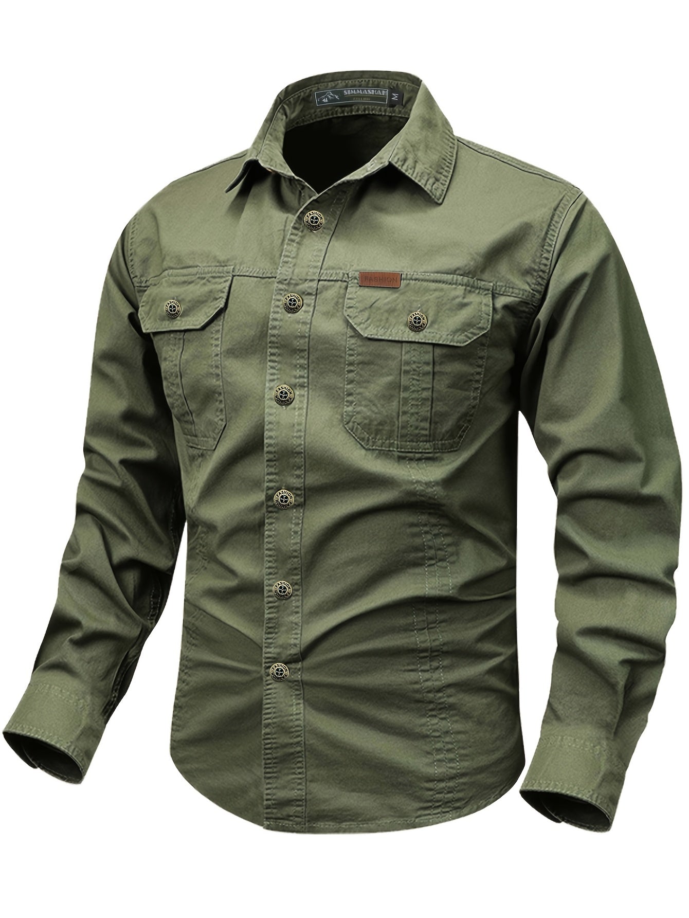 Men's Military Green Long-Sleeve Button-Up Collared Shirt with Cargo Pockets, Solid Color Retro Style, Elastic Casual Camping Outdoor Activity Shirt, Workwear, Pocket Shirt --> Men's