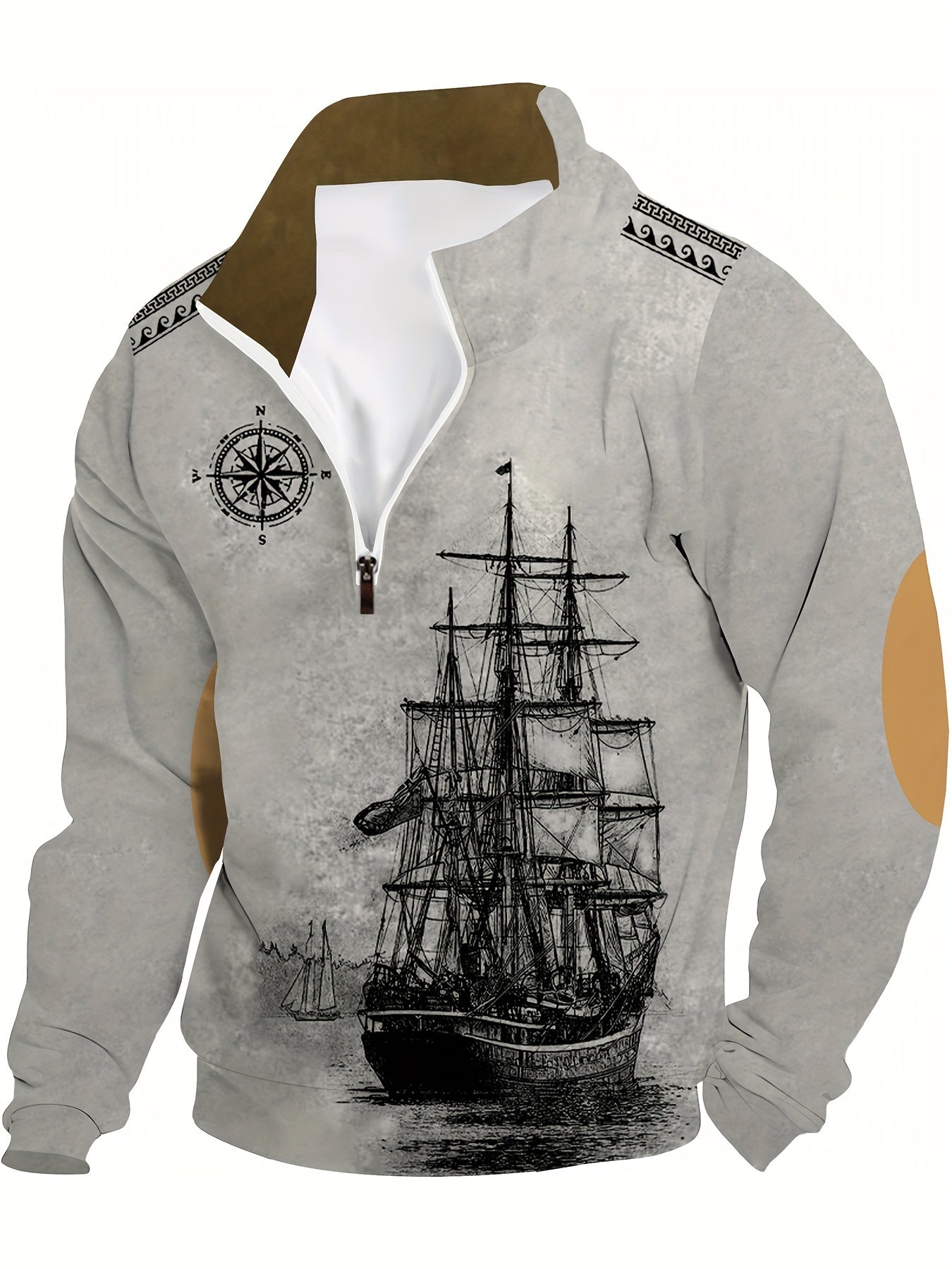 Men's vintage nautical ship print Henley sweatshirt made of 100% polyester with lapel collar, zipper detail, and loose fit. Great for fall/winter casual wear.