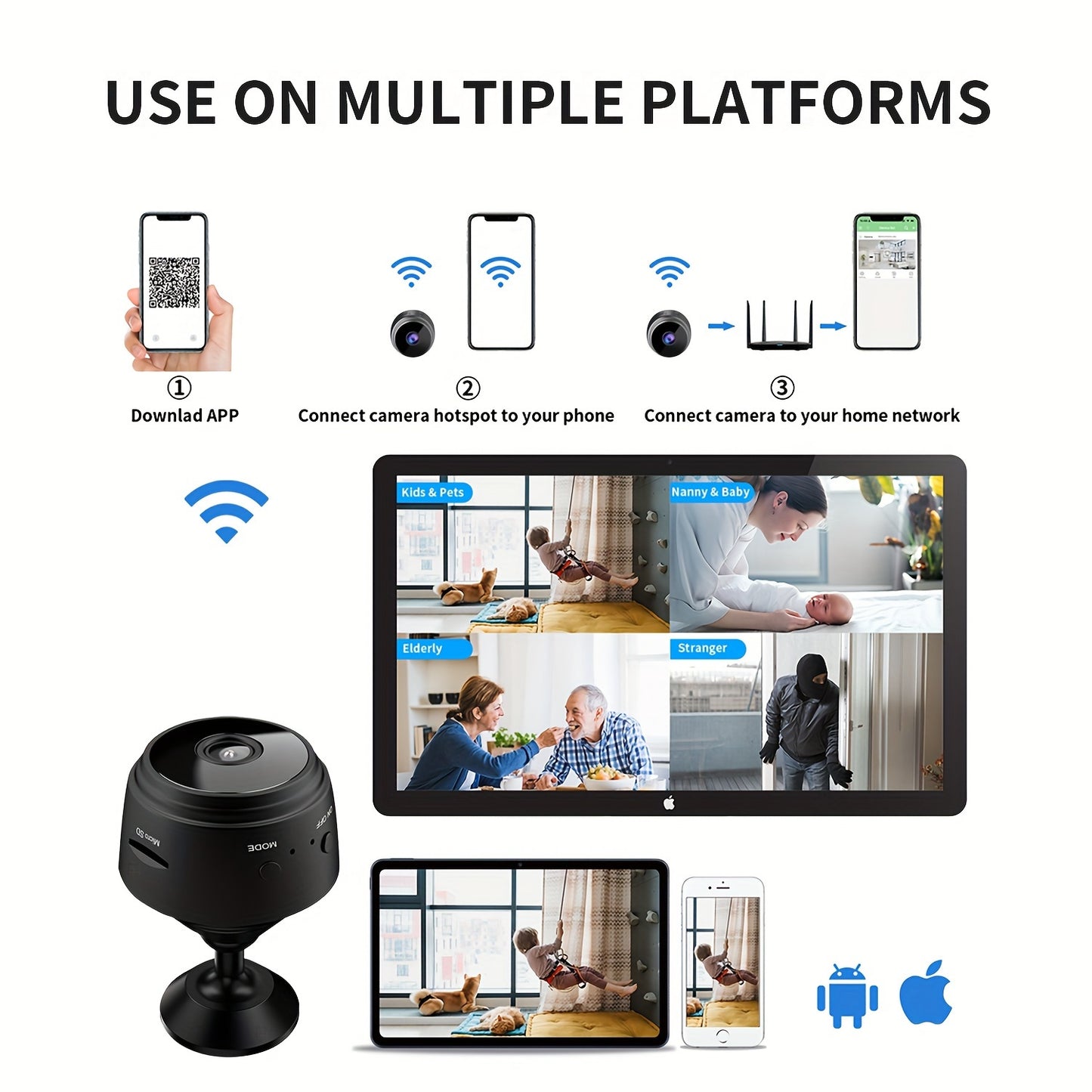 Mini WiFi security camera with magnetic back, USB rechargeable, app-controlled for home and office surveillance in black and white, 24/7 loop recording, multi-user support, portable design