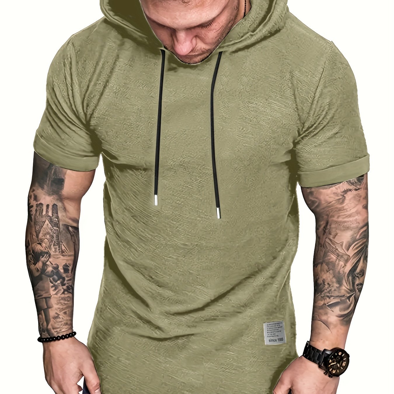 Men's plus size hooded t-shirt with short sleeves and drawstring, perfect for summer comfort.