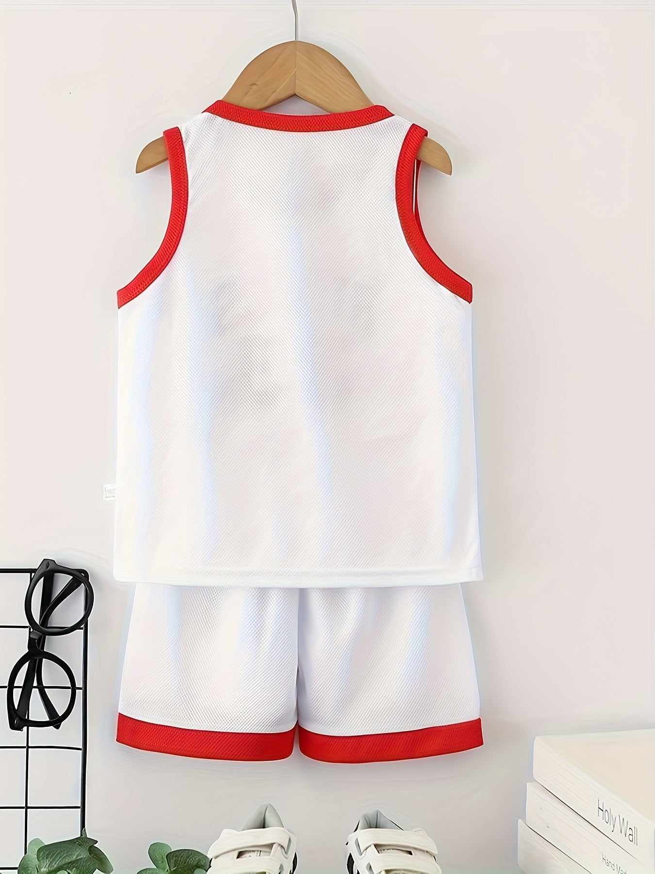 Youth #23 Basketball Jersey and Shorts Set in Red & White, 100% Polyester, Breathable, Sleeveless with Letter Print, Ideal for Spring/Summer Outdoor Sports.