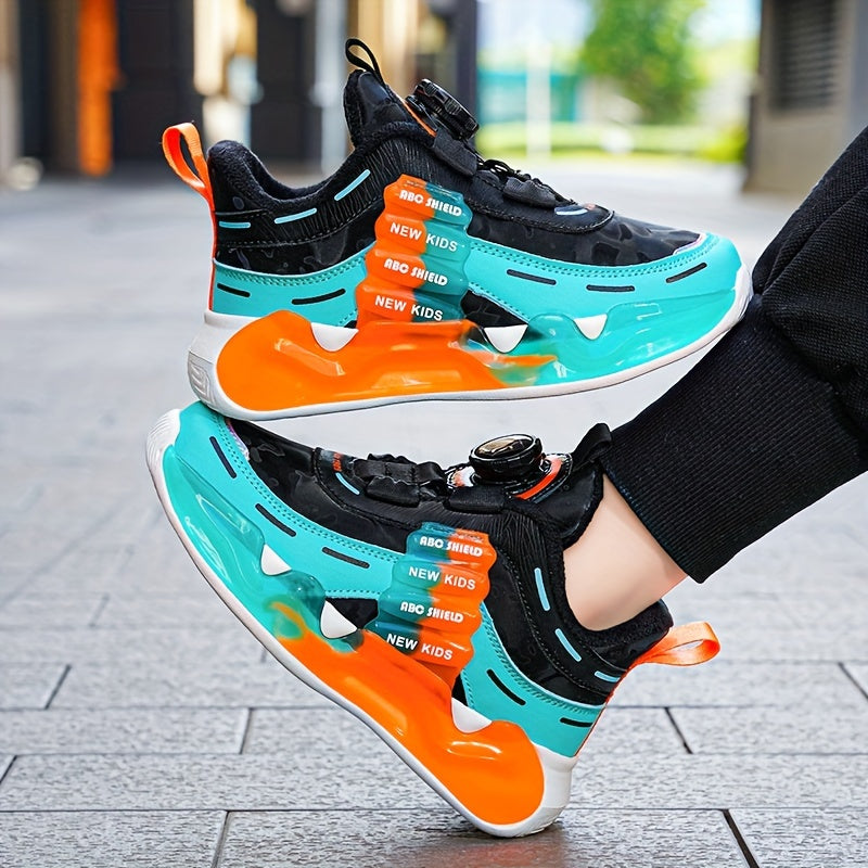 Mid-top youngsters athletic sneakers with breathable and non-slip design. Features hook-and-loop fastener strap, colorful cloud pattern, and letter design. Durable EVA sole suitable for all