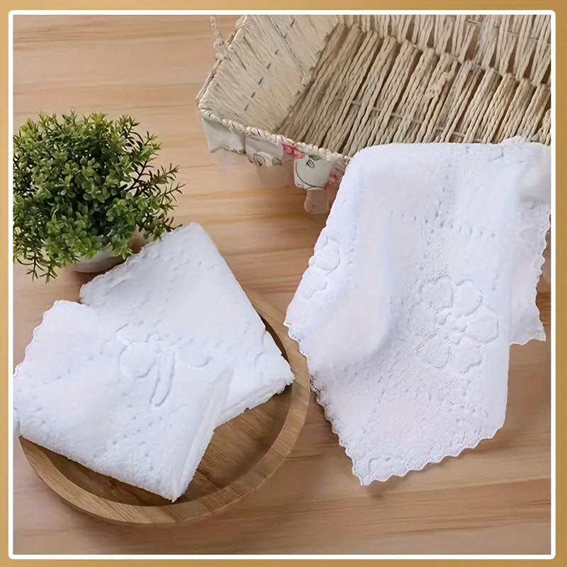 300 pieces of white towels with flower embossed washcloth design made of soft microfiber material. These small square towels can be used as simple plain cleaning cloths for your home, bathroom, or hotel. They are ideal for bathroom and cleaning supplies